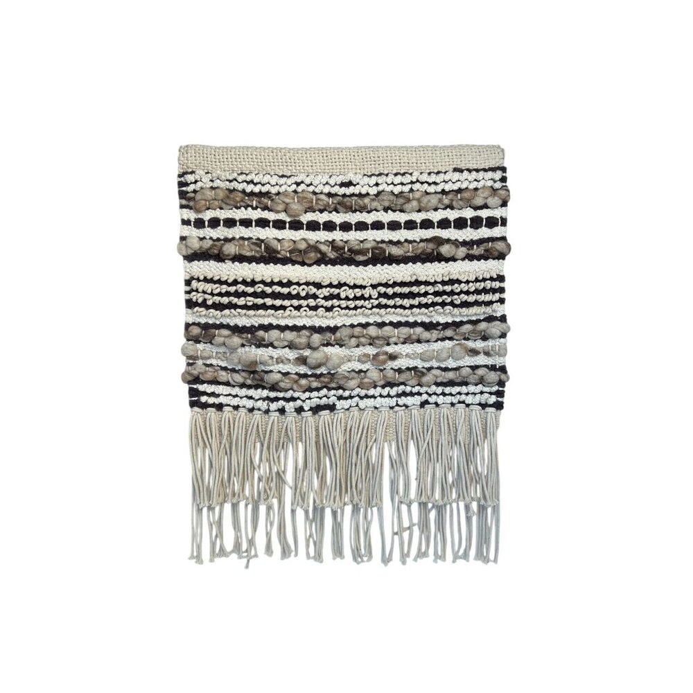 Boho Macrame Wall Hanging with Natural Pebble Stone Fringe Decor - Picture 2 of 3
